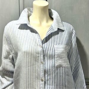 TAHARI Chambray and White Striped Linen Shirt Dress Size XL